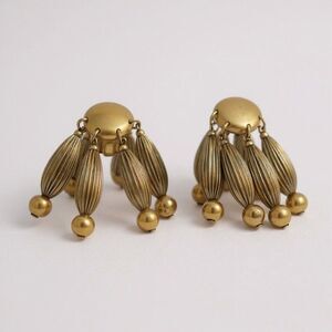 Vintage Napier Brass Clip On Earrings 1940s 1950s MCM Ribbed Dangle Statement